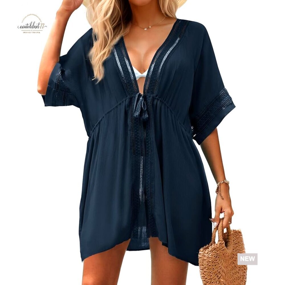 Boho Kimono Cover Up 3/4 Bell Sleeve Lace Trim Beach Pool Cardigan